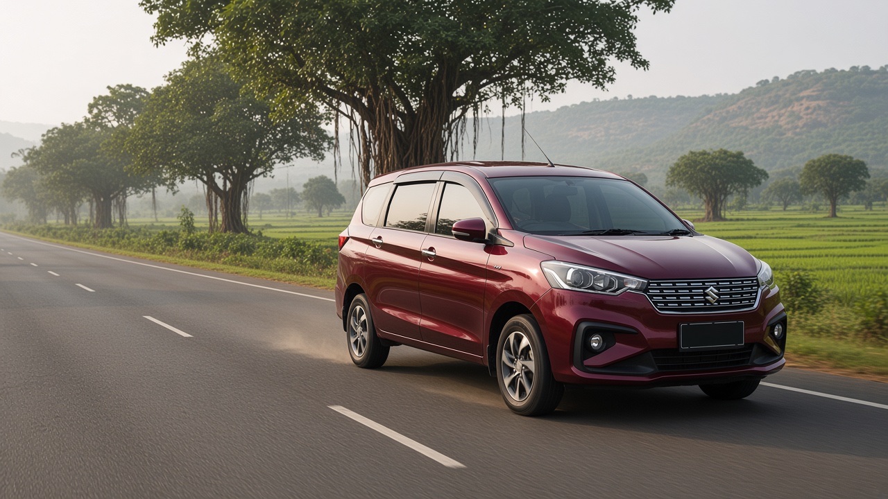 A maroon family MPV travelling along a green Karnataka highway