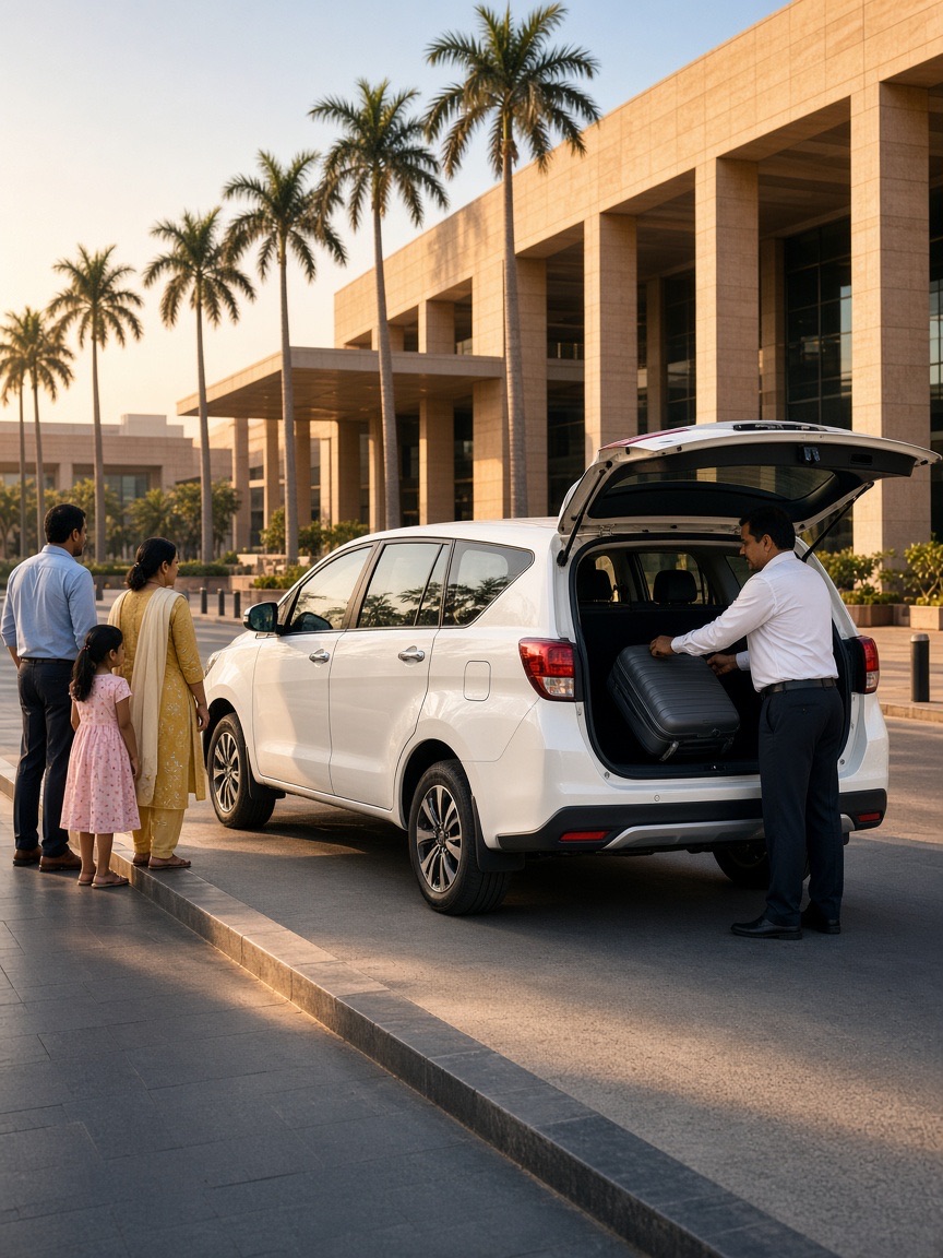 A driver loading a family's luggage into a white taxi at an Indian airport