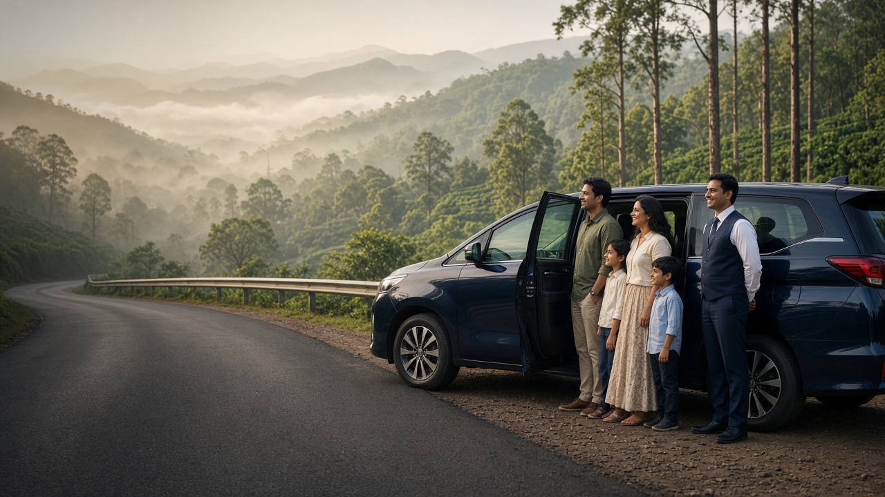 A happy Indian family and their chauffeur enjoying the misty hills of Coorg